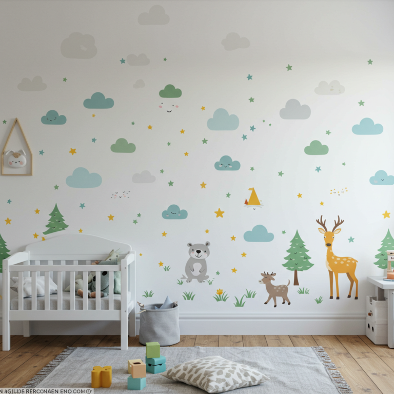 Playful matte peel-and-stick mountain and hot air balloon wall decals arranged tastefully above a wooden toddler bed