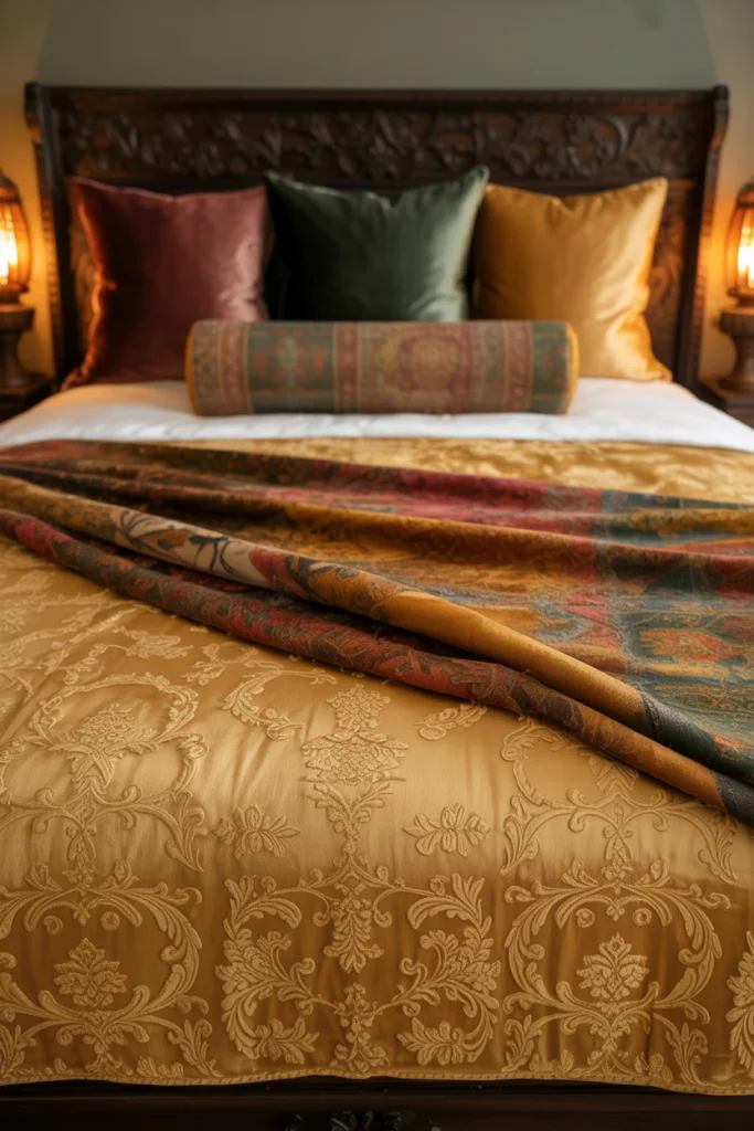11. Layered, Rich Bedding in Deep Burgundy or Olive Tones