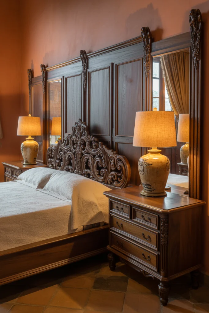 4. Rich, Dark Wood Furniture with Carved Detailing