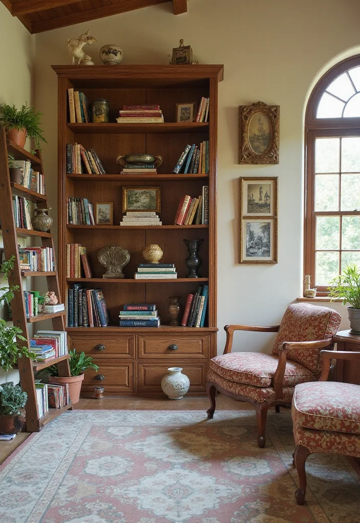 6. A Ladder-Accessed Bookshelf Wall for a Library Feel