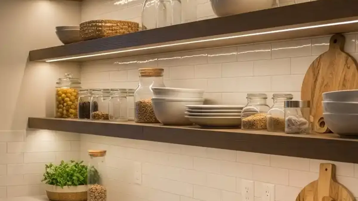 Modern kitchen combining recessed LED channels routed into wooden floating shelves alongside upper cabinet under-lighting