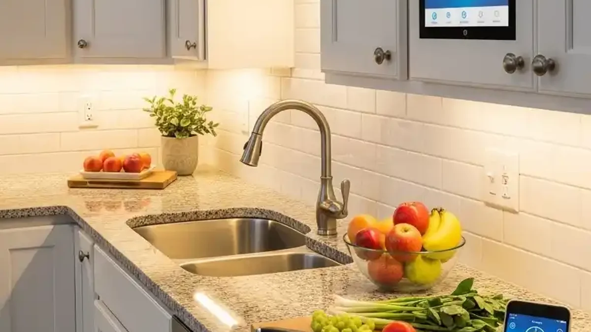 Smart Wi-Fi controlled under-cabinet lighting casting a customized soft amber and sunset tone across a modern kitchen backsplash