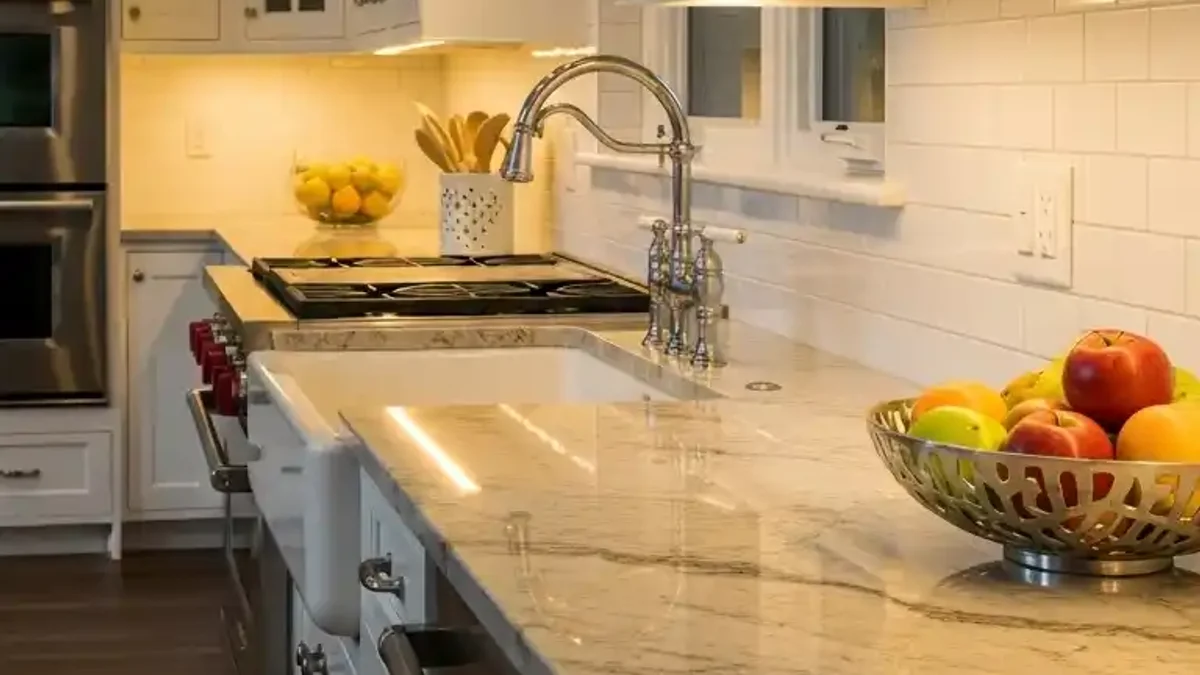Frosted aluminum channel diffuser under kitchen cabinets preventing LED dot reflections on polished stone countertops
