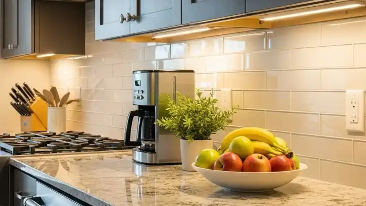 Sleek under-cabinet LED strip with an invisible capacitive touch dimmer disc mounted beneath the cabinet edge
