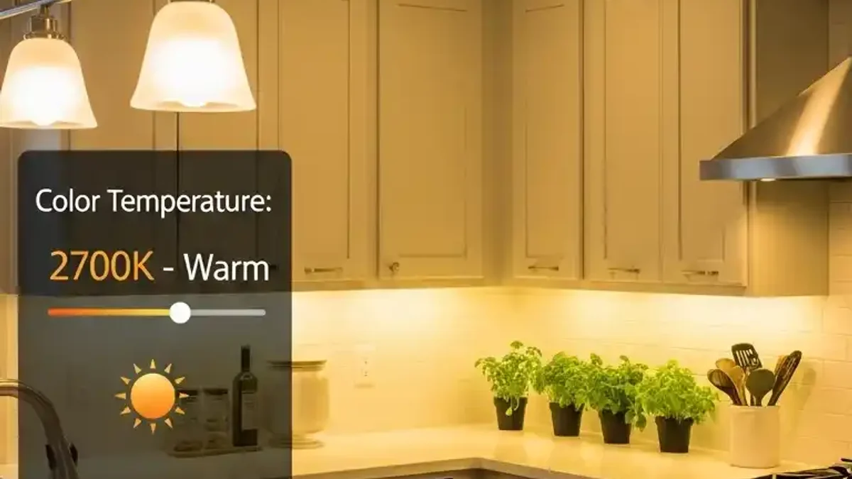 Tunable white under-cabinet LED strip transitioning between crisp daylight white and warm sunset gold
