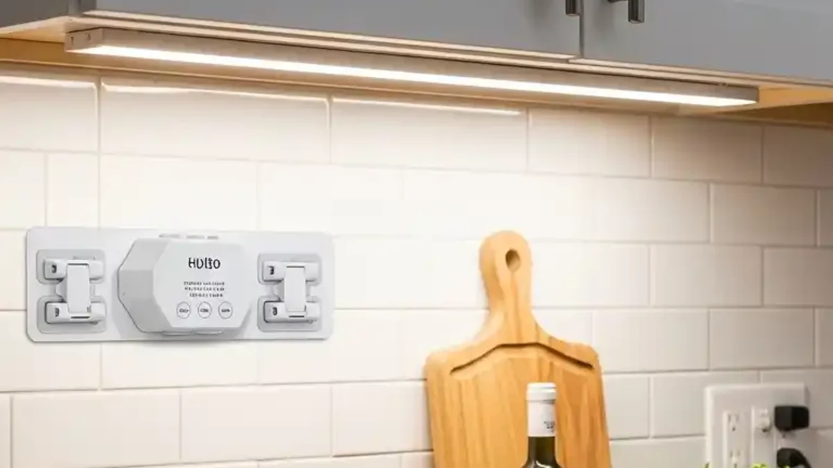 Slim magnetic rechargeable battery LED bar mounted under a small apartment kitchen cabinet without cords