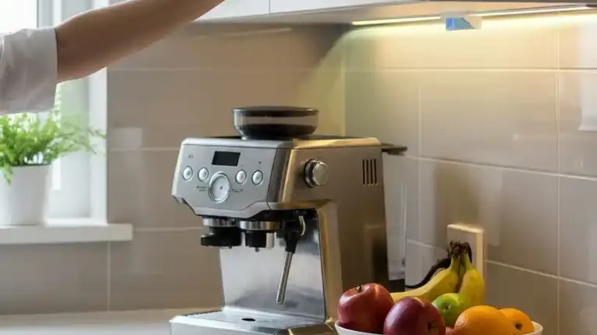 Hands-free motion-activated under-cabinet lighting glowing automatically as someone reaches toward the kitchen counter