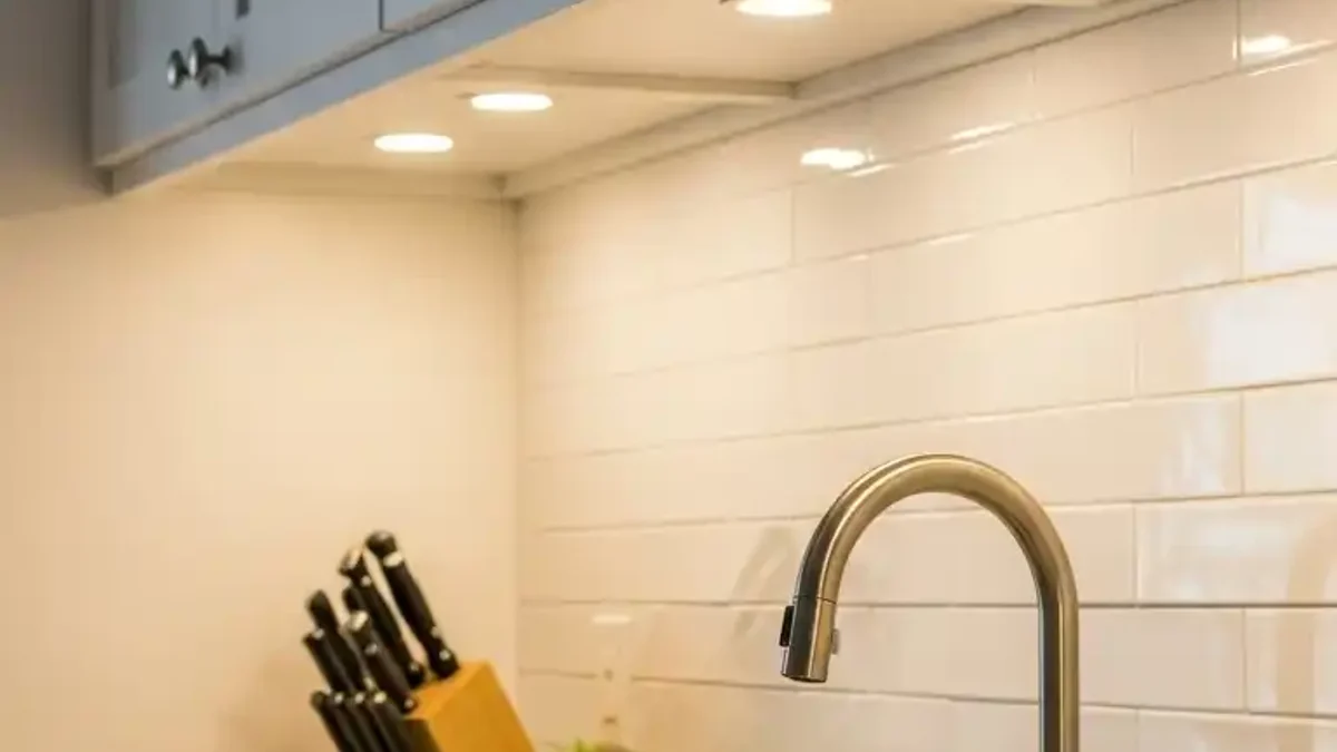 Hardwired slim architectural LED light bars mounted flush beneath custom kitchen cabinets with zero visible cords