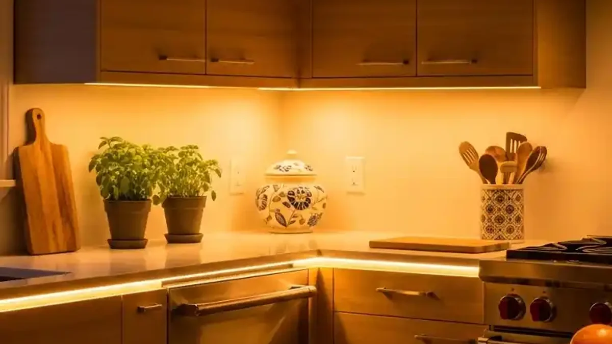 Warm white 2700K under-cabinet lighting creating an inviting golden ambiance over wood countertops and creamy backsplash tiles