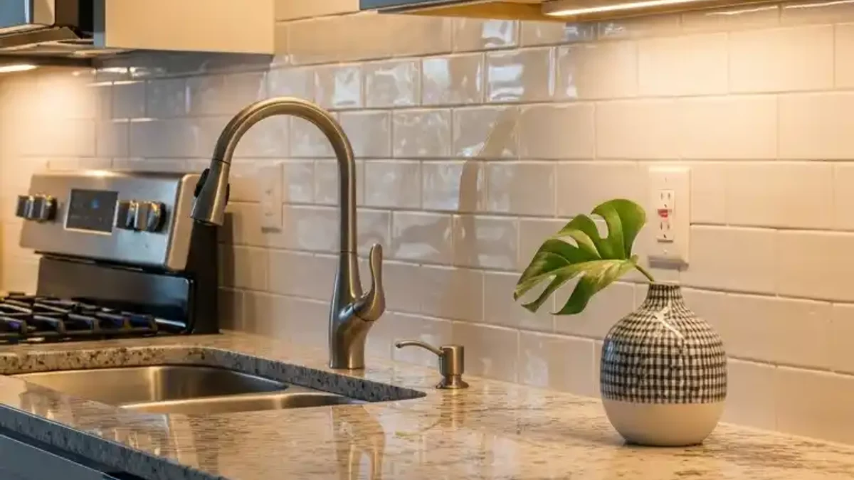 Under-cabinet LED strip grazing handmade Zellige tile backsplash to emphasize organic surface texture