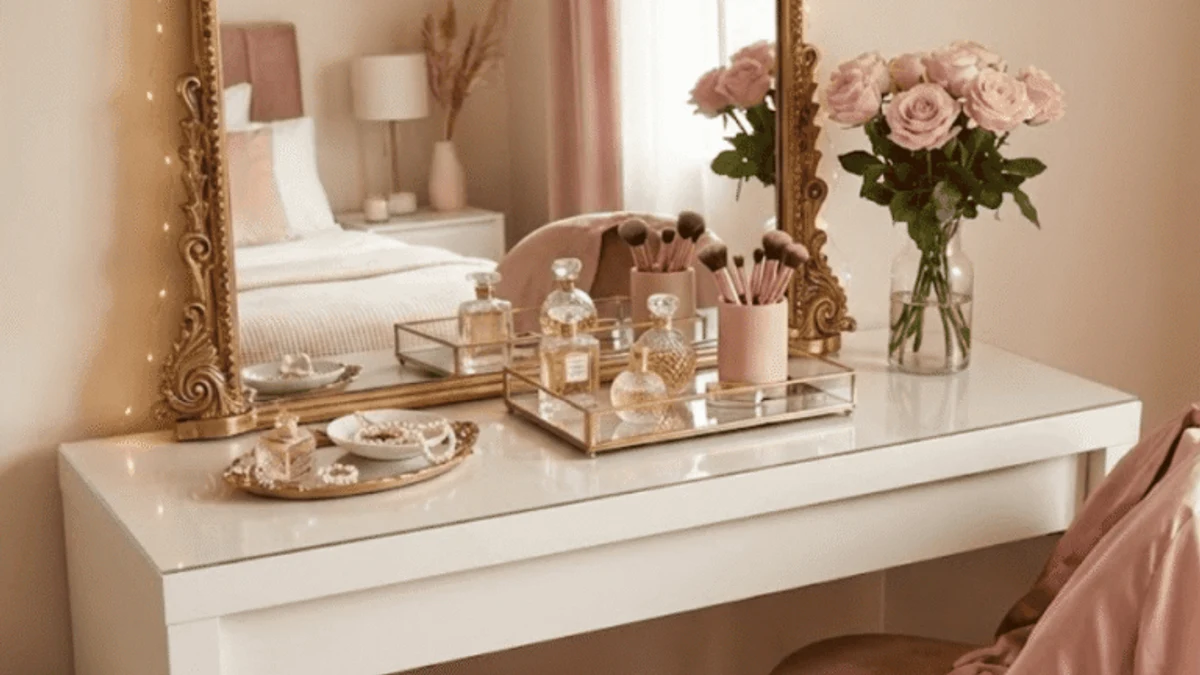 A classic vanity with a large, backlit mirror
