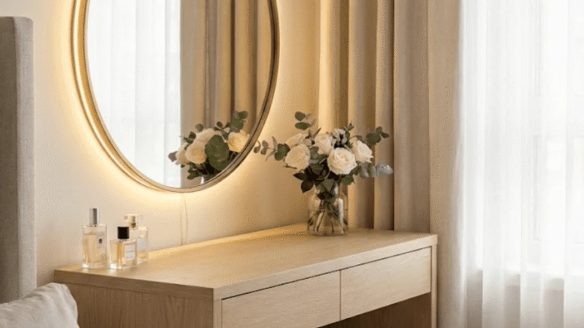 A vanity nook built into a window area for natural light