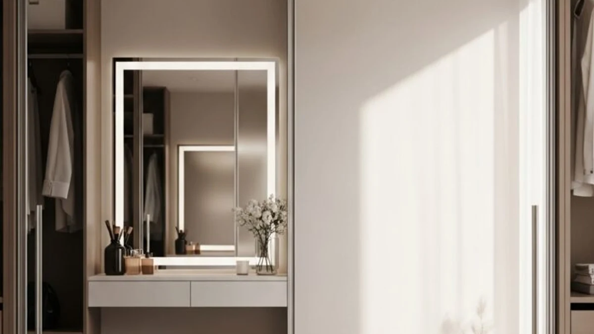 A vanity with a hidden mirror that folds into a cabinet