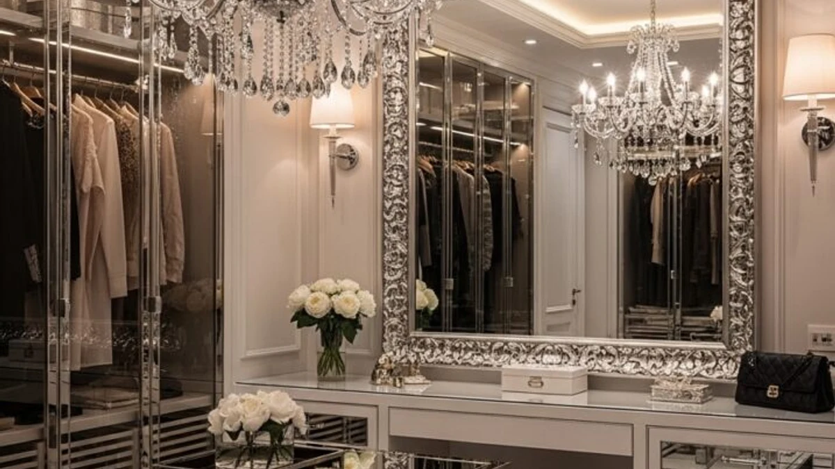 A vanity paired with a statement pendant light overhead