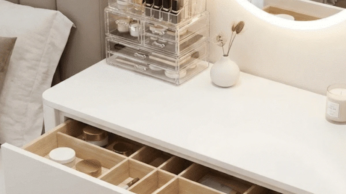 A vanity with built-in drawer organization for makeup and jewelry