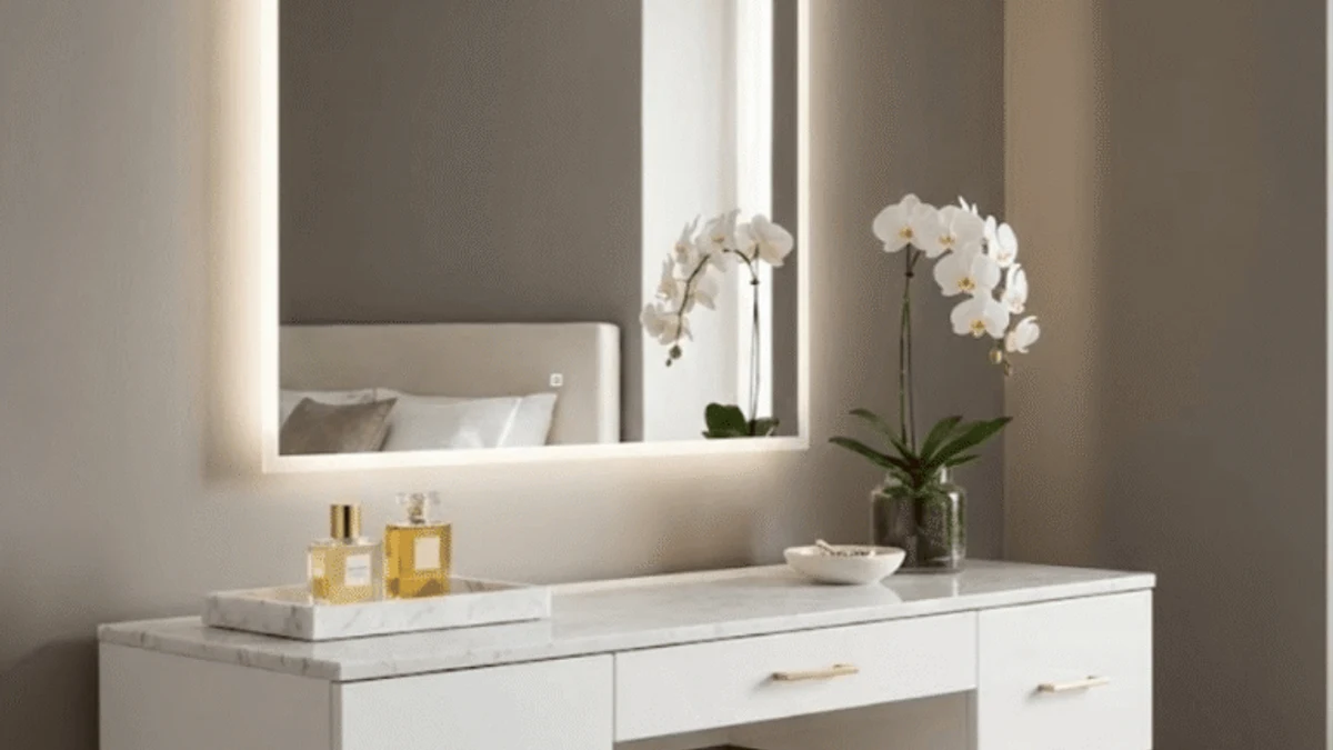 A glass-top vanity table for a light, airy feel