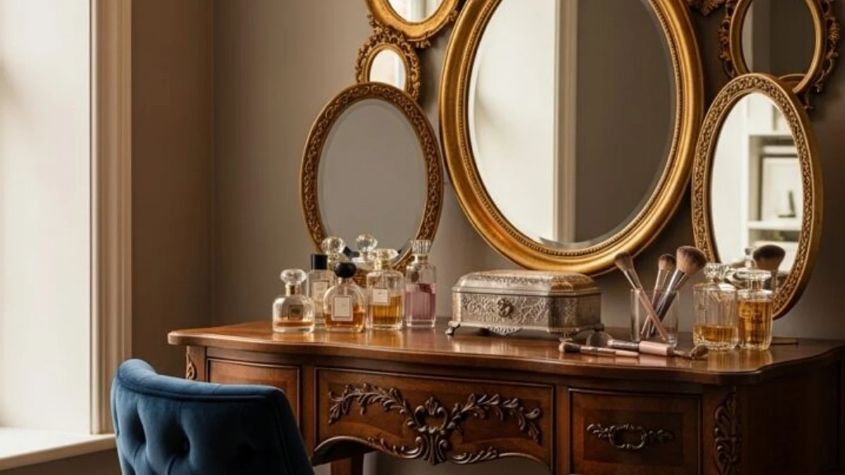 A vanity paired with a tufted upholstered stool