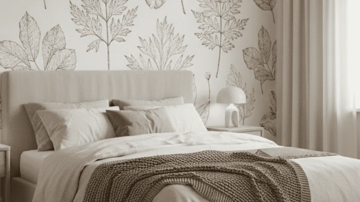 A bold botanical print behind the headboard