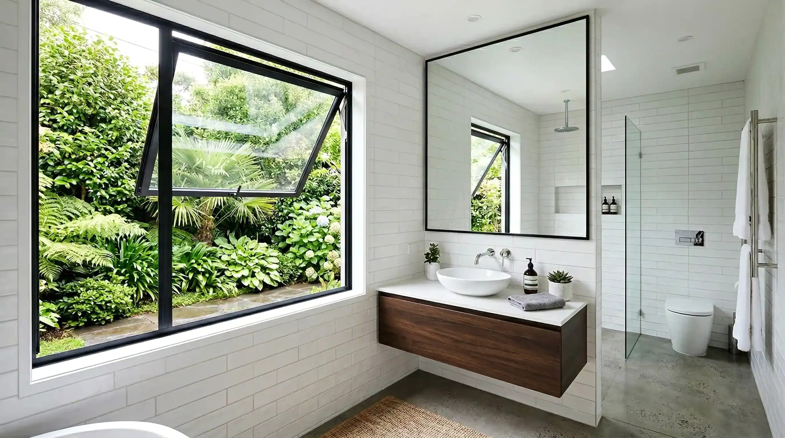 Awning Window Opened from Bottom in Modern White Bathroom