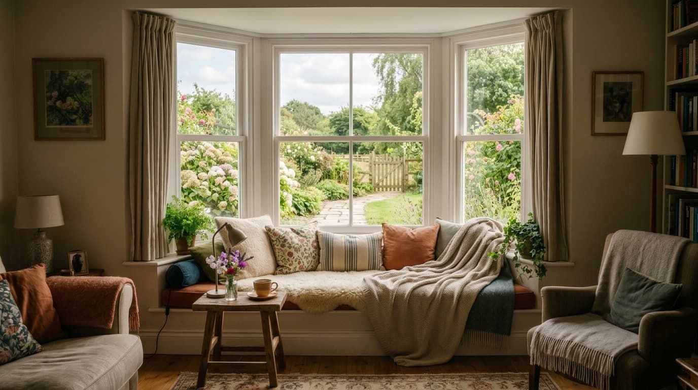 Architectural Bay Window with Cozy Cushioned Window Seat Nook