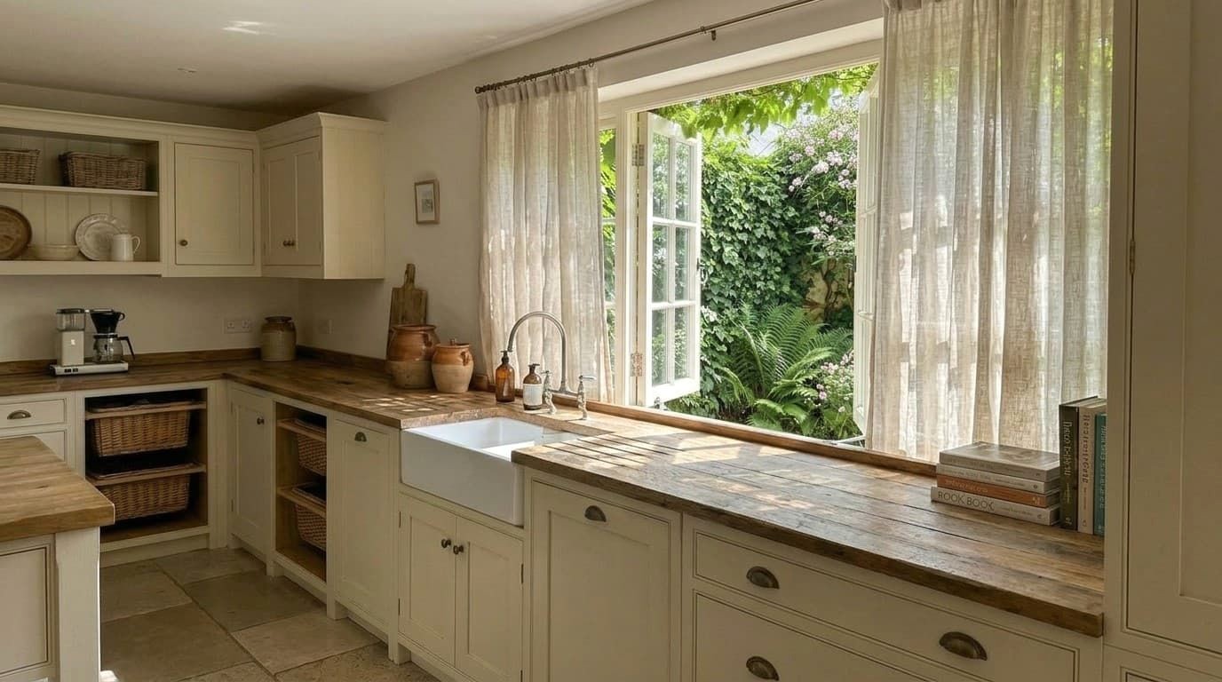 Black Framed Casement Window Opened Outward in Rustic Kitchen