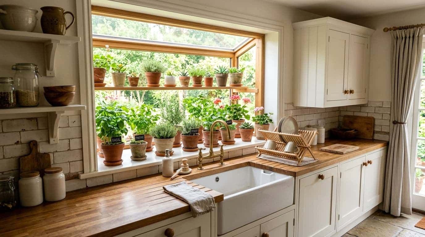 Bright Kitchen Garden Window Above Sink Filled with Herbs and Plants
