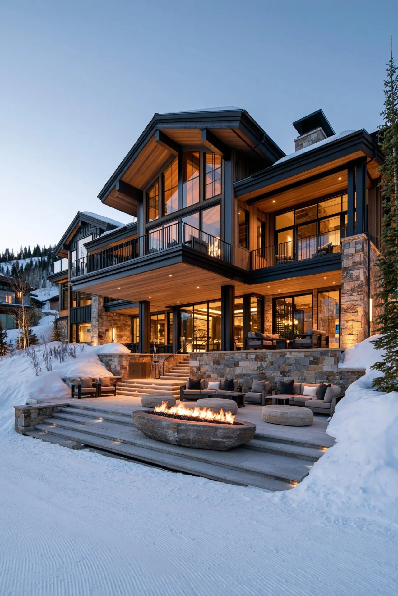 3. A Grand Foyer with a Dramatic Staircase and Layered Winter Lighting