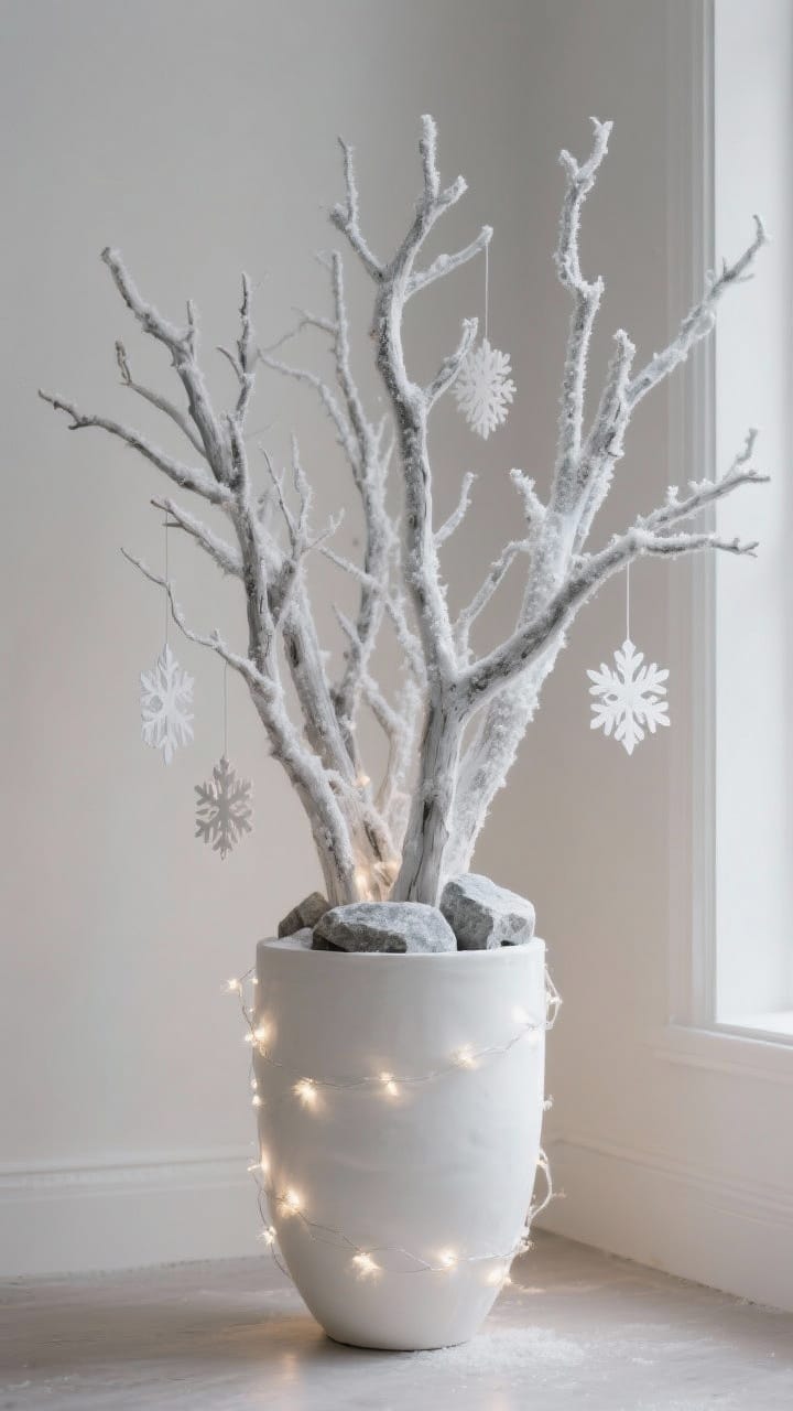 Sculptural Faux Snow-Dusted Branches in a Tall White Ceramic Vase with Warm Fairy Lights on a Wood Table