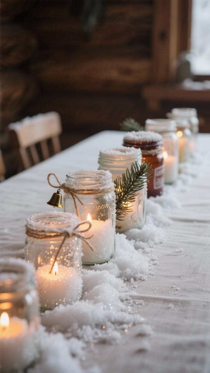 Cluster of Three Frosted Glass Mason Jar Luminaries Glowing with Amber Candlelight on a Fireplace Mantle