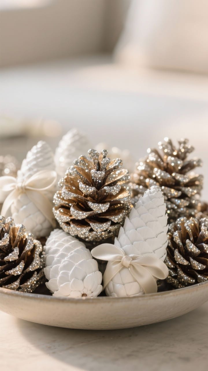 Densely Packed Frosted Pinecone Wreath with White Berries Hanging from a Wide Cream Velvet Ribbon on a Door