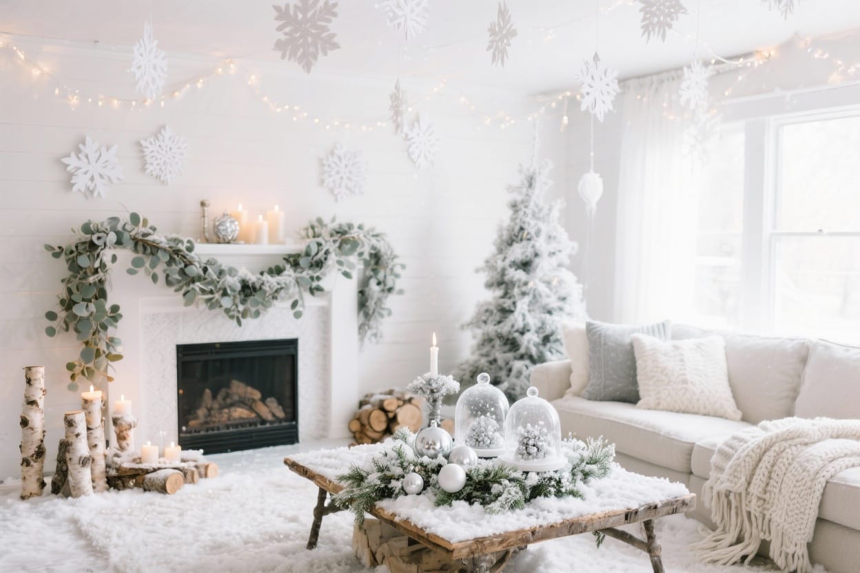 Cozy Winter Wonderland Living Room with Glowing Fairy Lights, Snow-Dusted Branches, and Handmade Pinecone Decor