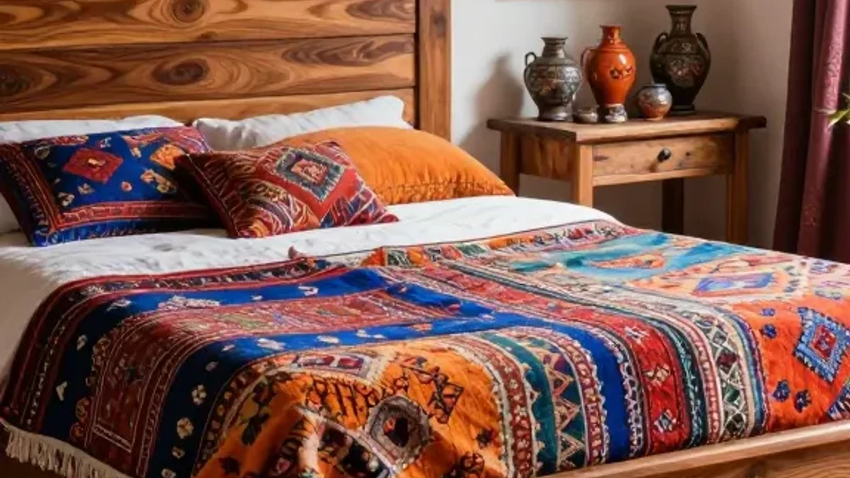 A wood frame with a woven cane headboard insert