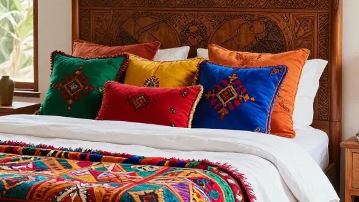 A carved wood headboard for ornate, traditional elegance