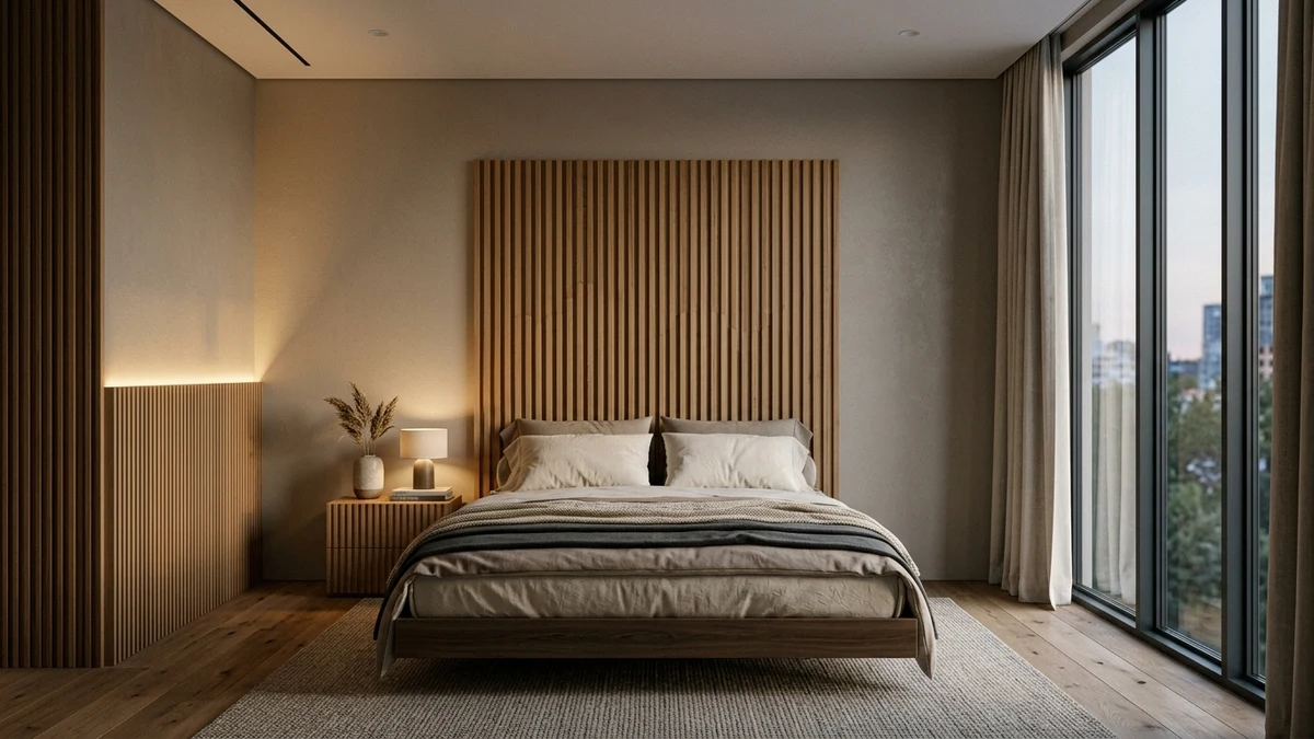 A geometric wood-slat headboard for a modern architectural look