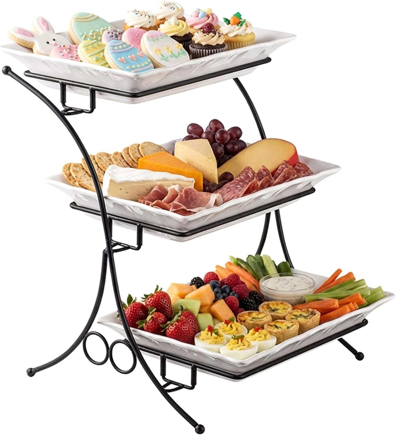 YHOSSEUN Large 3-Tier Embossed Porcelain Party Serving Stand
