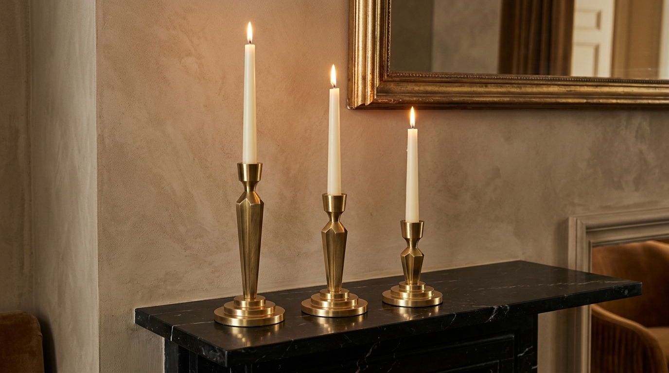 A Gold or Brass Decorative Candleholder Set