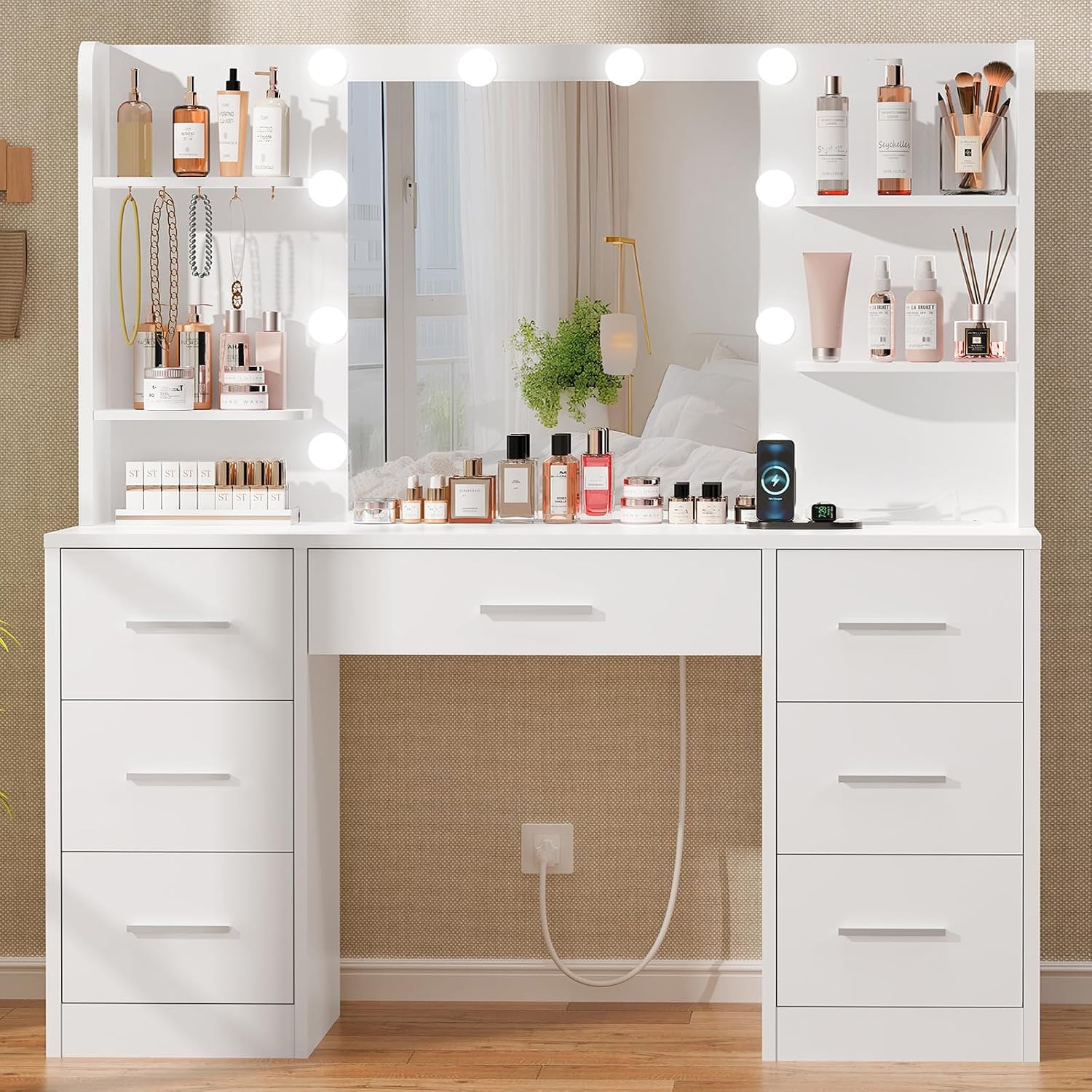 Quimoo Large Vanity Desk with LED Lighted Mirror & Power Outlet