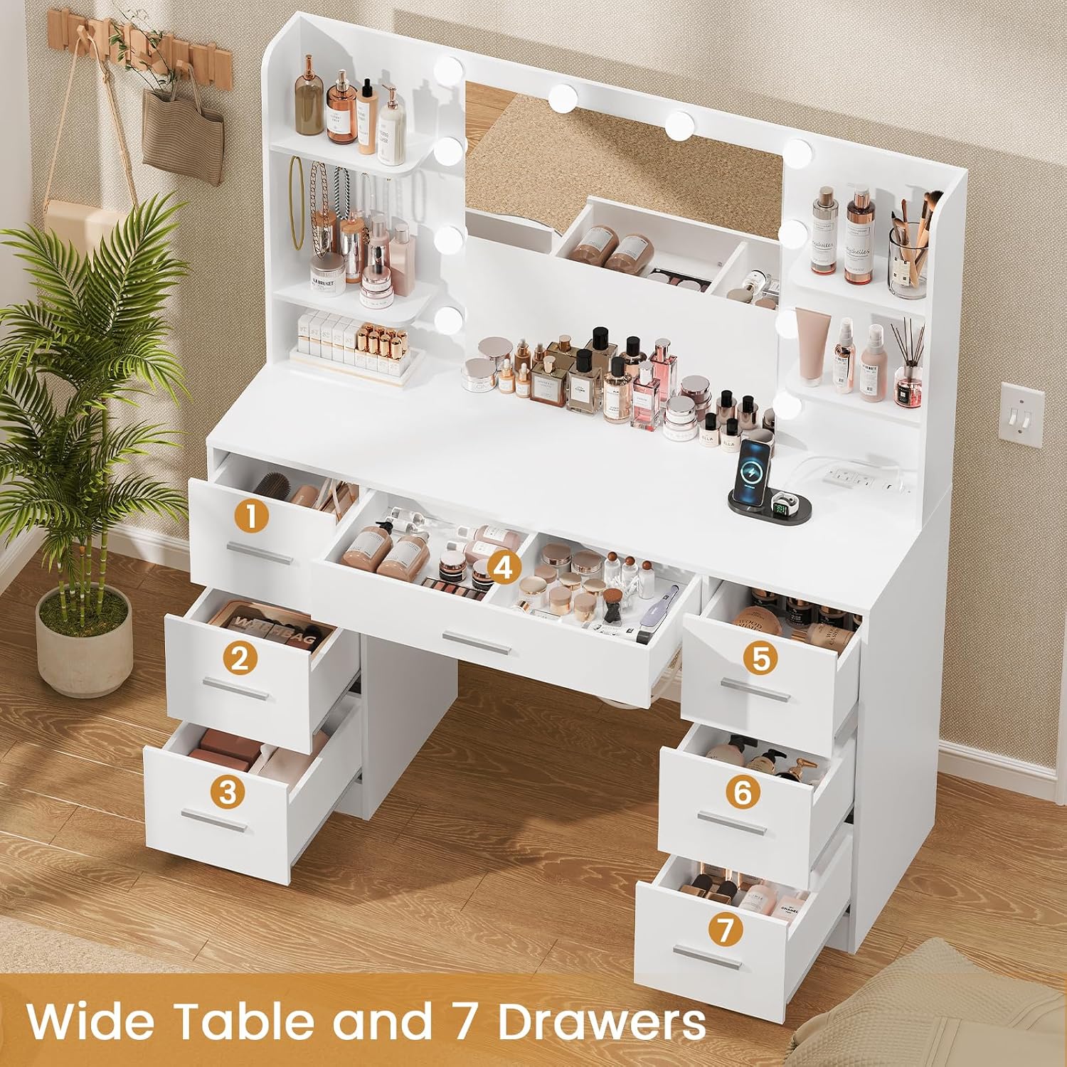 Quimoo Vanity Desk LED mirror three lighting color modes: warm yellow, warm white, and cold white