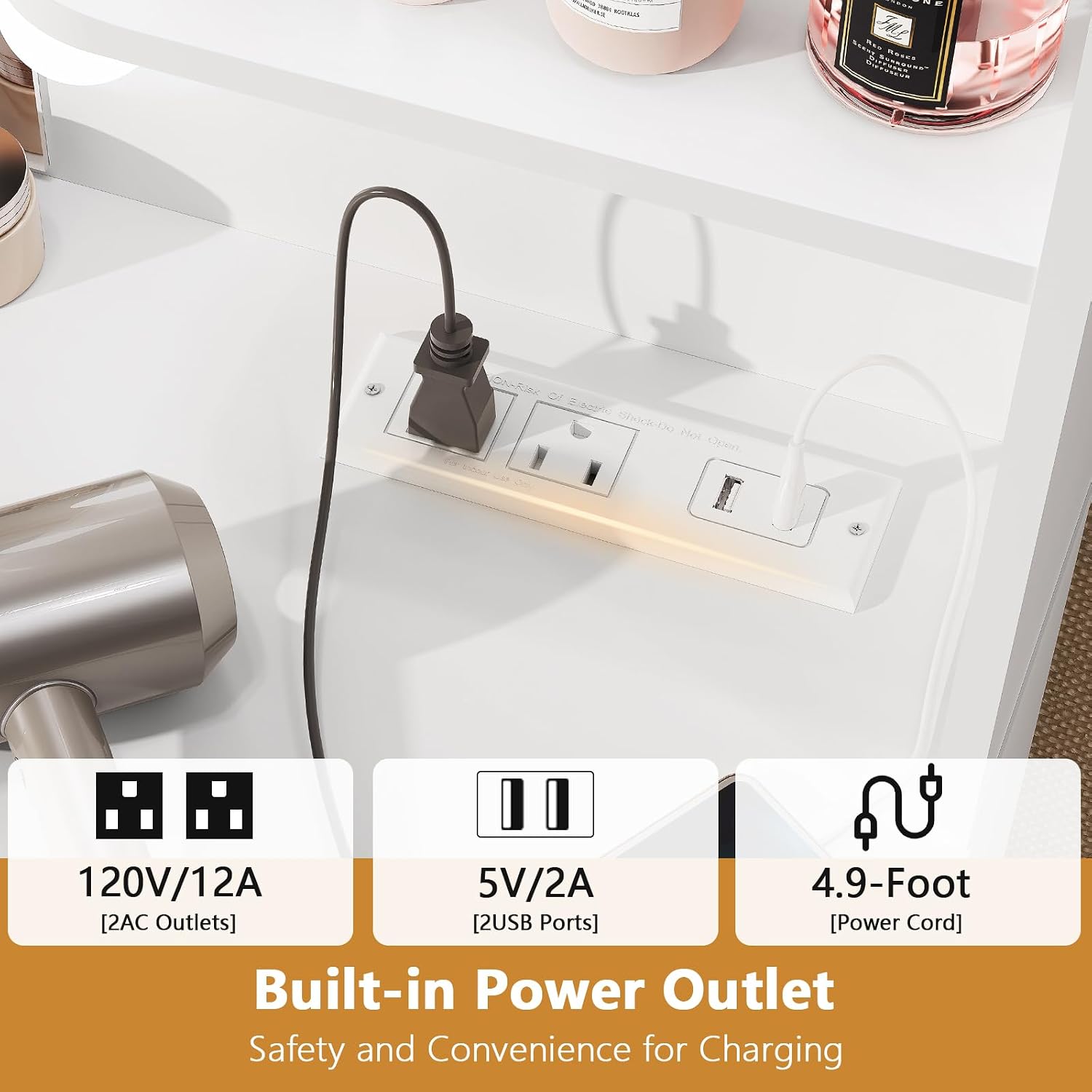 Quimoo Vanity built-in power strip with 2 AC outlets and 2 USB ports for beauty electronics